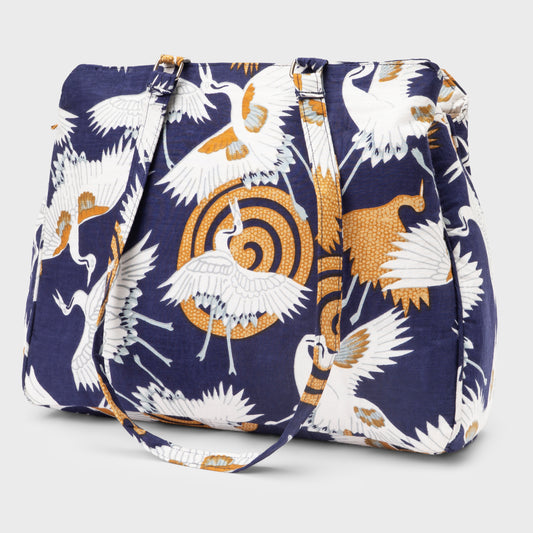 Indigo Crane Print 3-Compartment Cabas